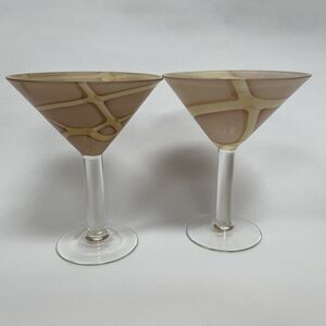 Pier 1 One Beige Clear Glass Martini Margarita Stem Glasses 6 5/8" Tall Lot of 2